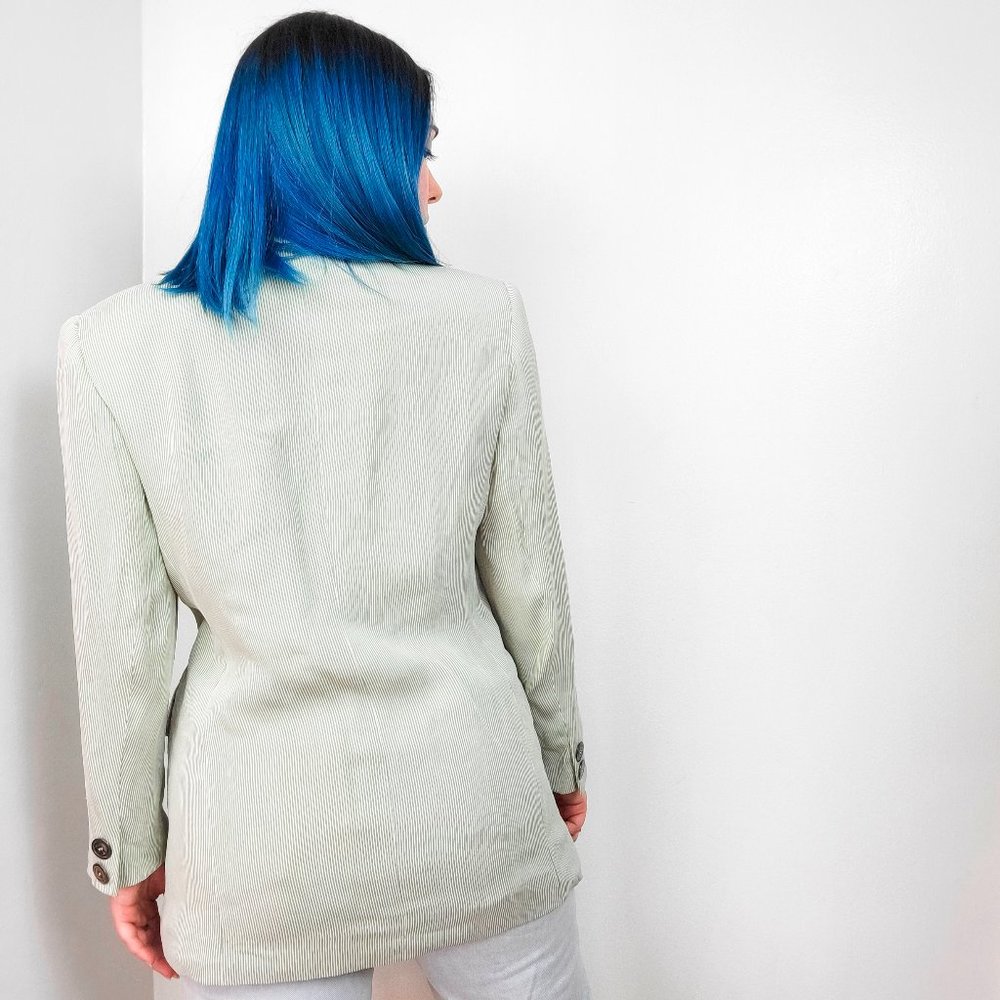 Vintage 80s/90s Sage Green Pinstripe Blazer Jacket - Picture 3 of 8